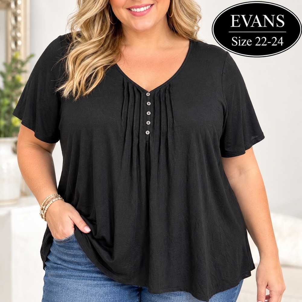 Evans Black Short Sleeve Pleated V-Neck Button Accent Blouse Plus Size 22/24